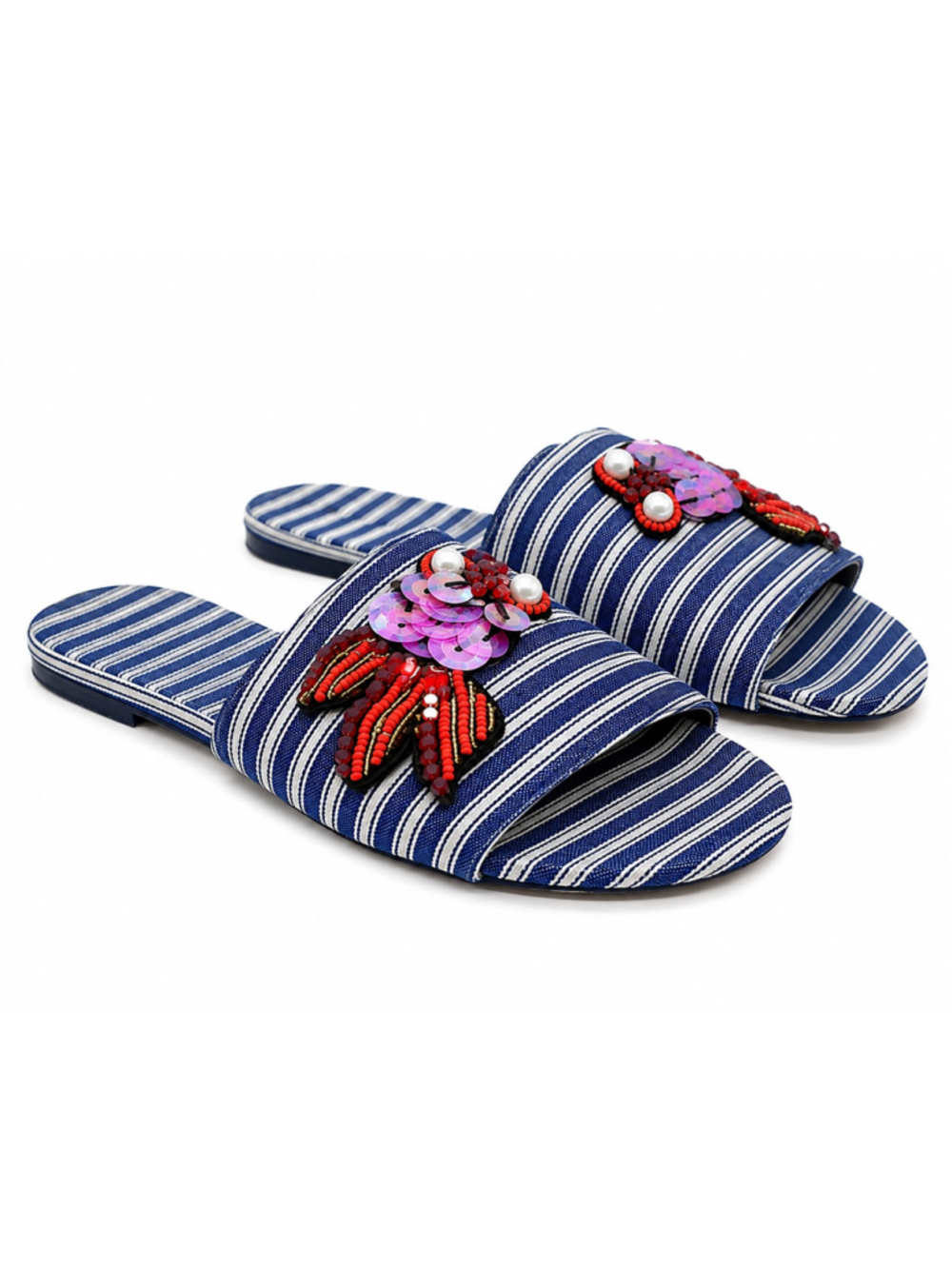 Le Château Women’s Striped Beaded Slide Sandals Blue White Size 40 US 9 - Picture 2 of 4